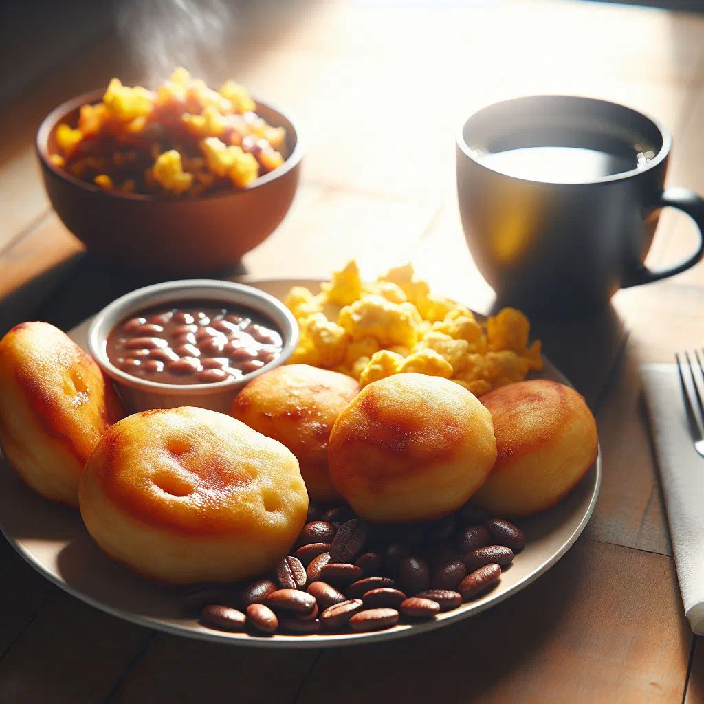 Golden fried jacks piled on a plate with jam and fresh fruit
