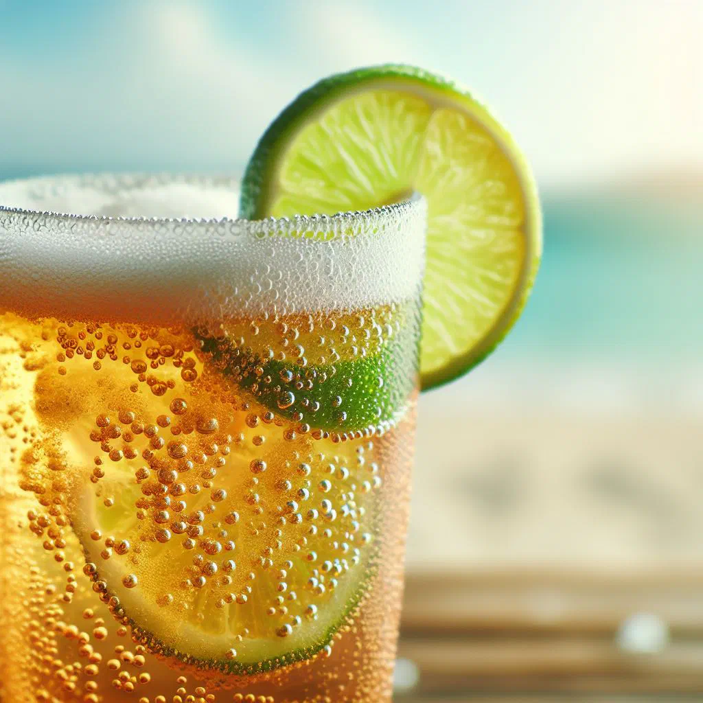 Chilled homemade ginger beer in a glass with ice and fresh ginger