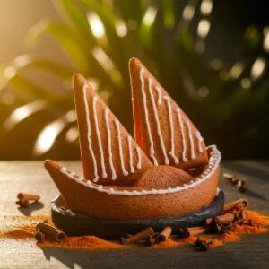 Slices of Grenadian gingerbread spice cake dusted with icing sugar