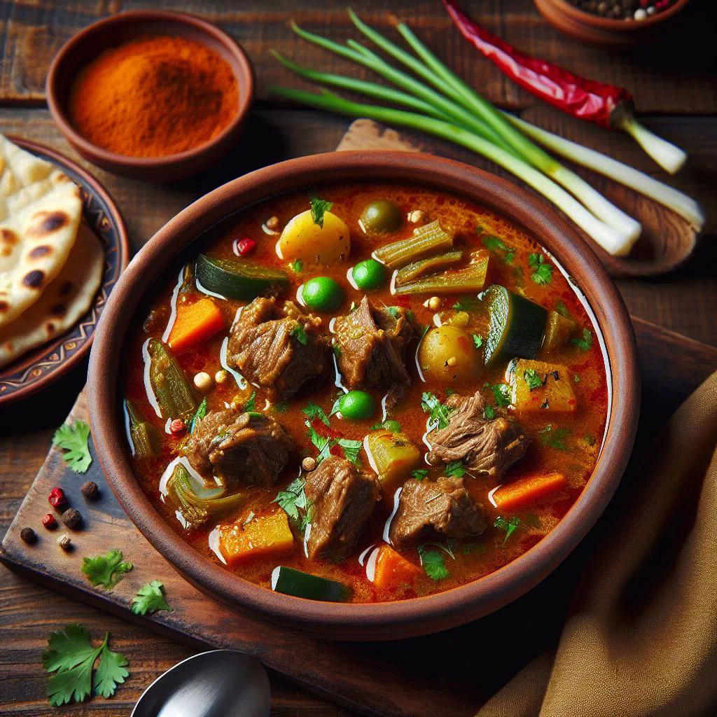 Bowl of Grenadian goat curry soup with tender meat, carrots and fresh herbs
