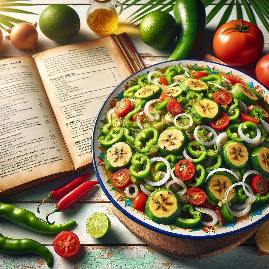 Green banana salad with peppers, spring onions and fresh coriander in a bowl