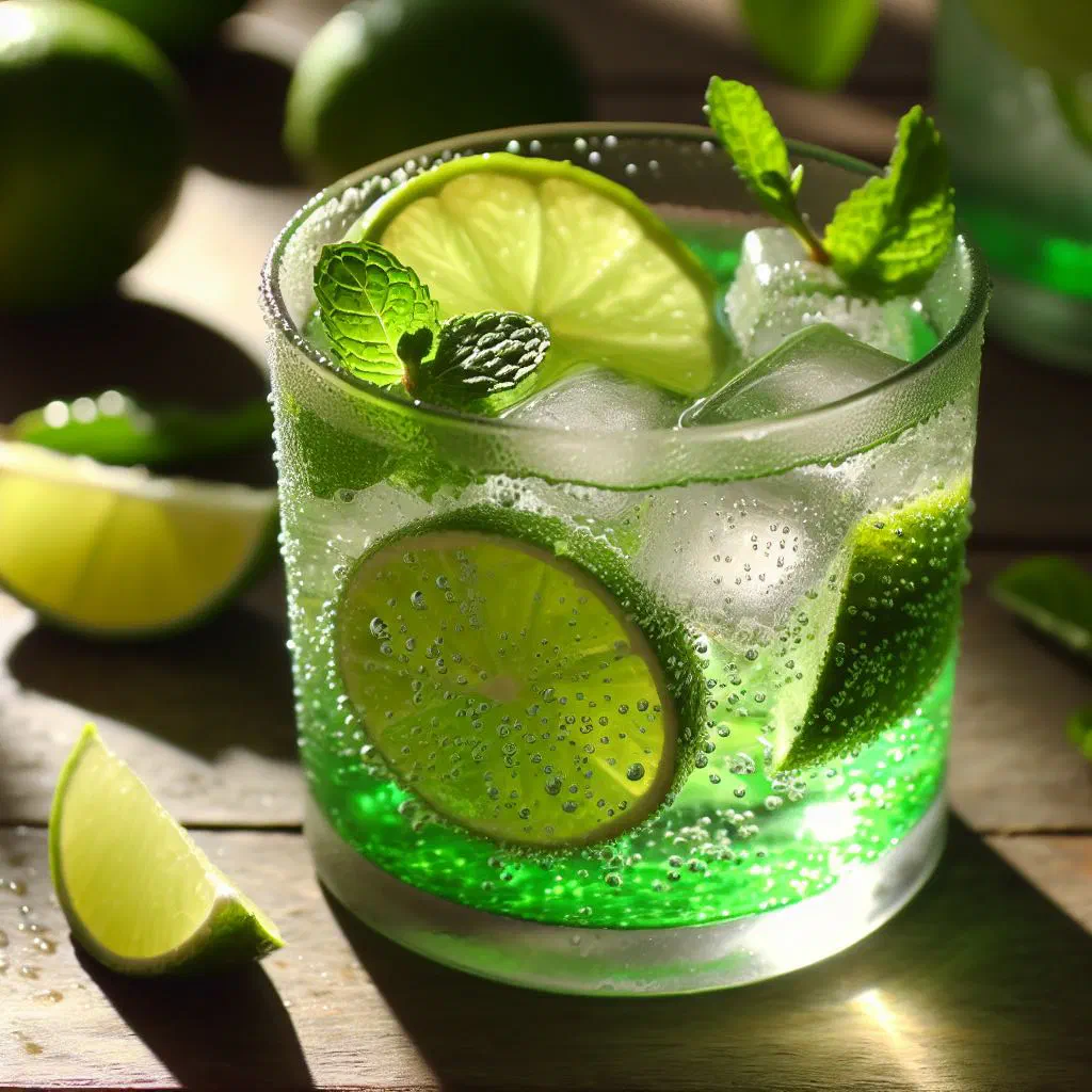 Chilled lime squash in a tall glass with lime slices and ice