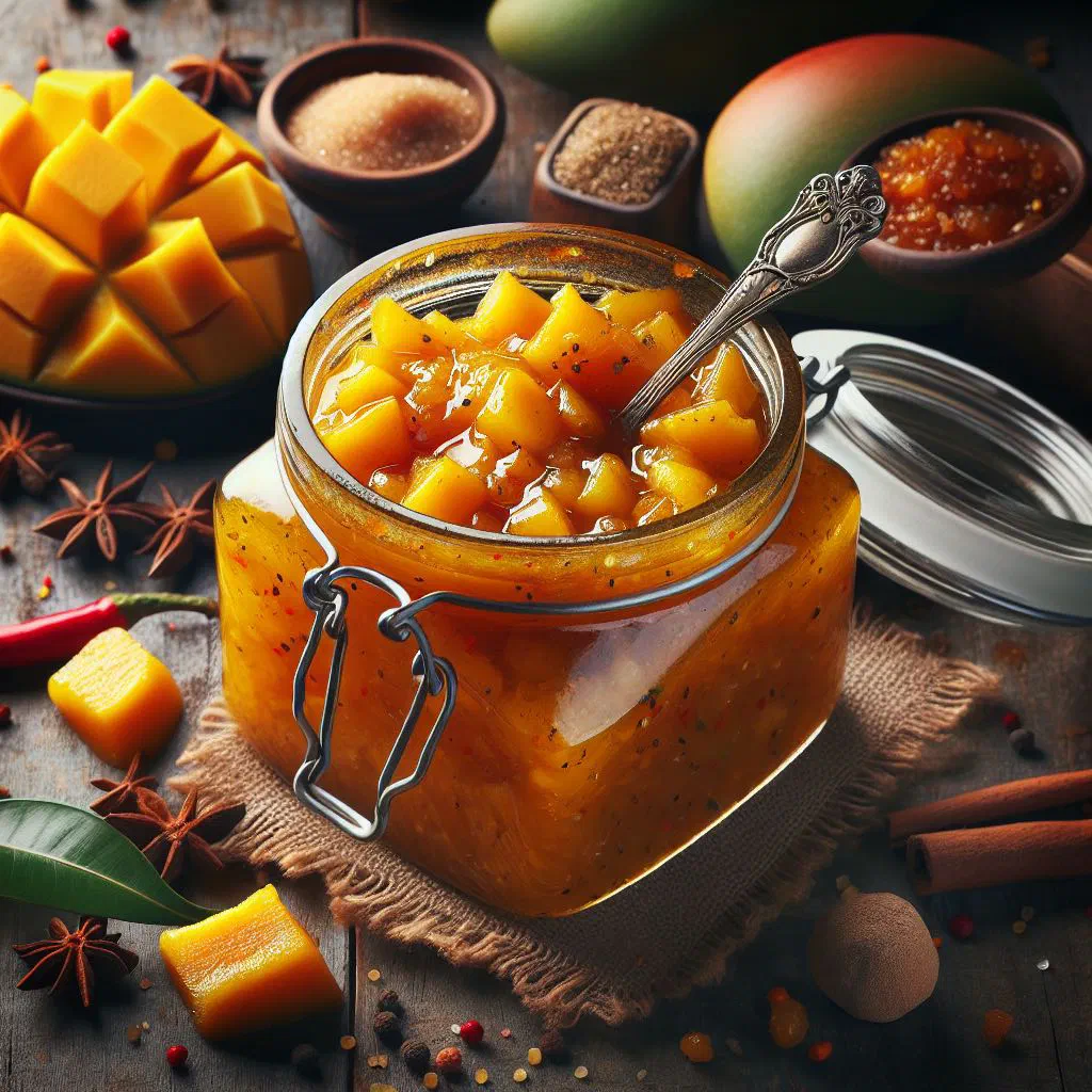 Golden mango chutney in a small glass jar with fresh mango slices alongside