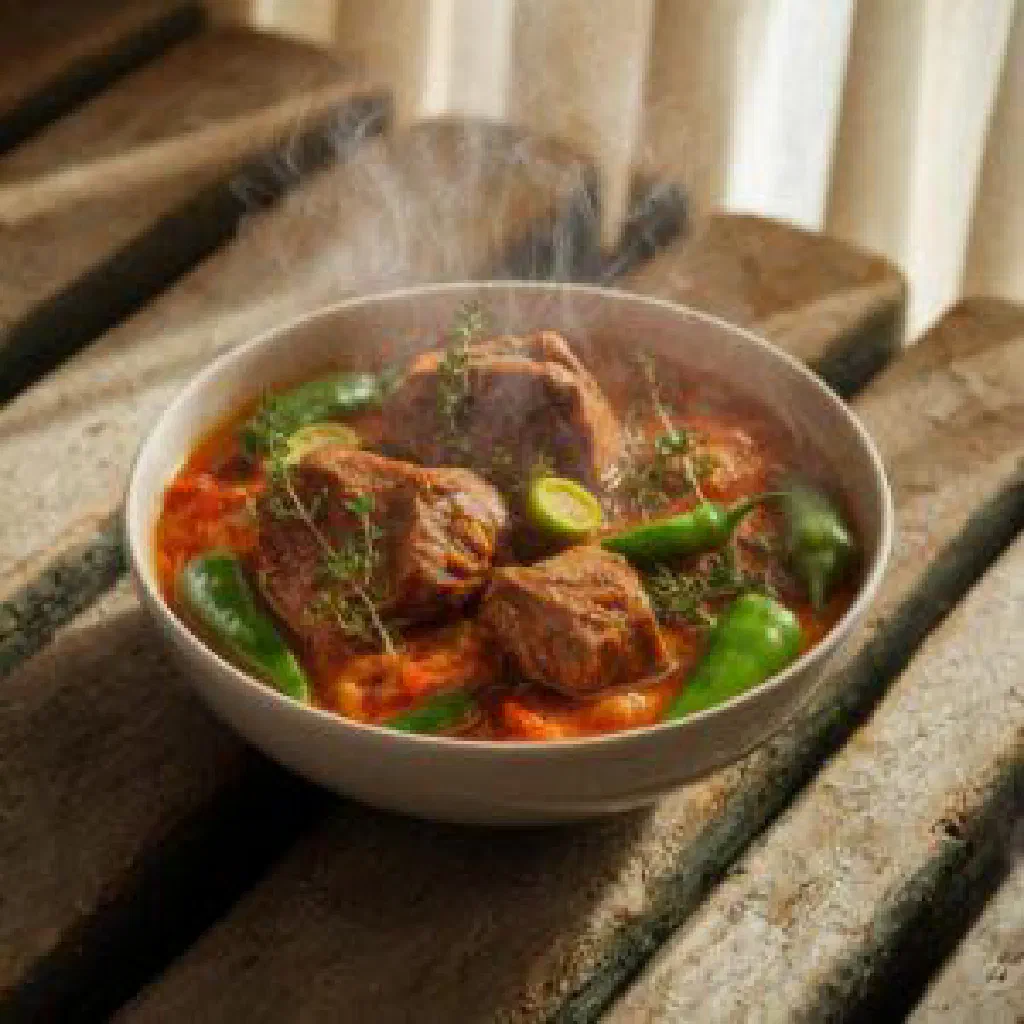 Bowl of Mannish Water goat soup with carrots and fresh herbs