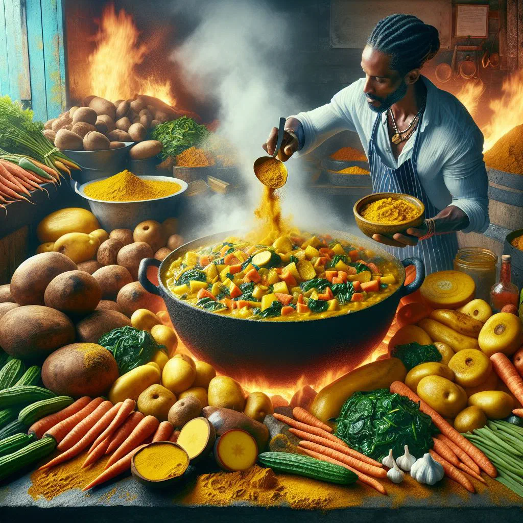 Grenadian oil down stew with breadfruit, salted meat and vegetables in coconut milk