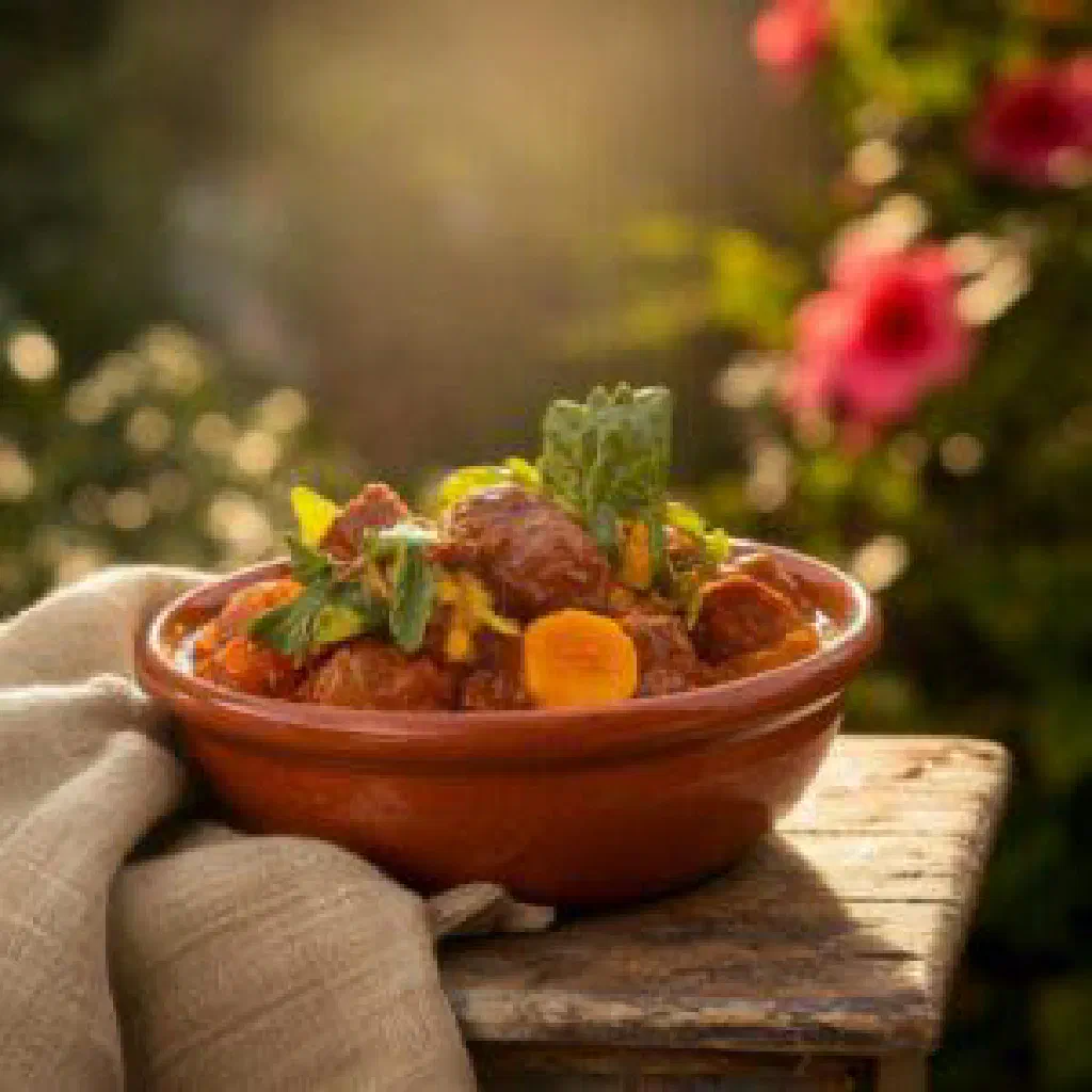 Bowl of Grenadian pepper pot stew with tender meat and fresh herbs