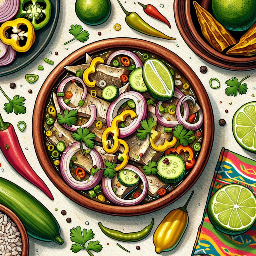 Saltfish souse with flaked salt cod, diced cucumber, tomato and lime