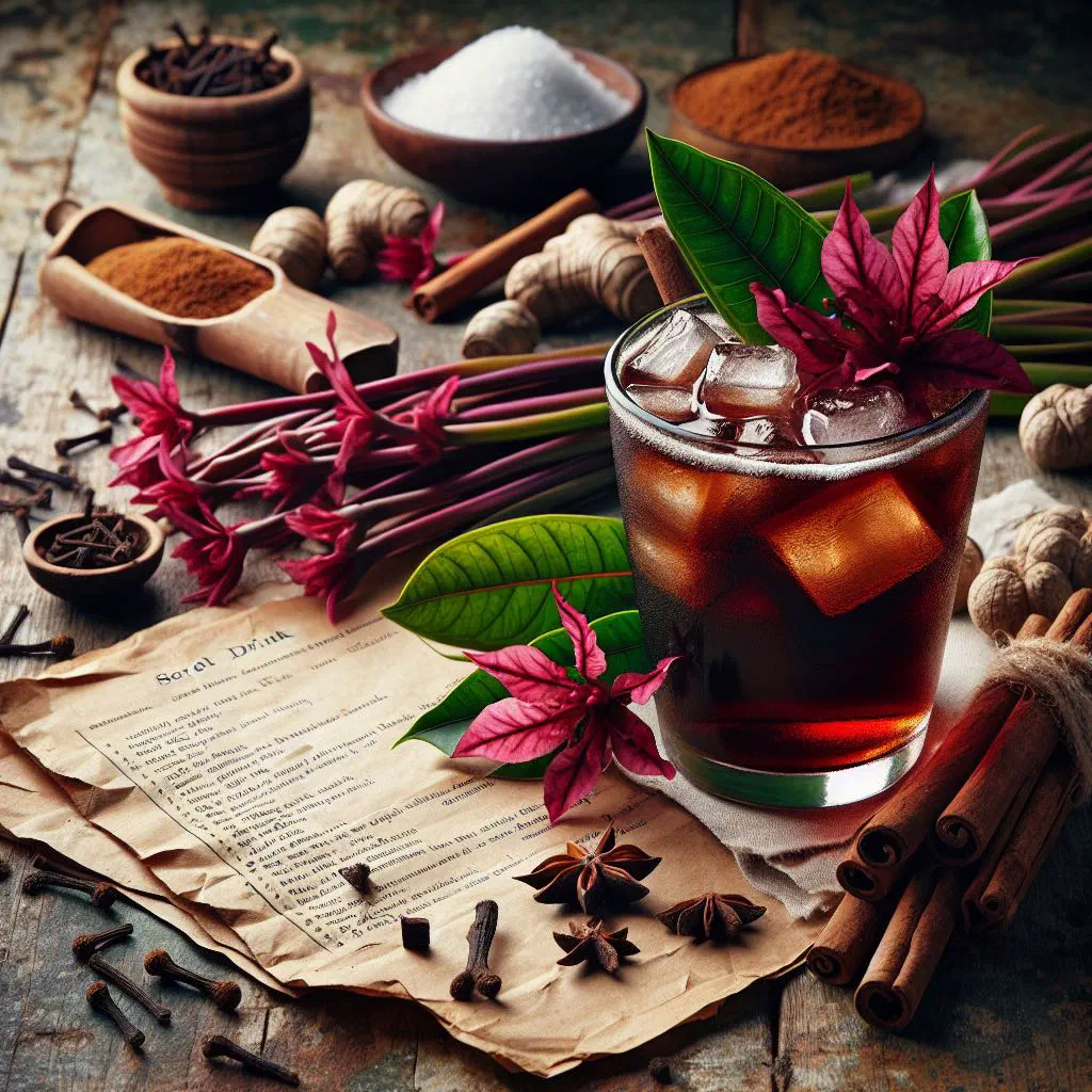Deep red sorrel drink in a tall glass with ice, lime and cinnamon