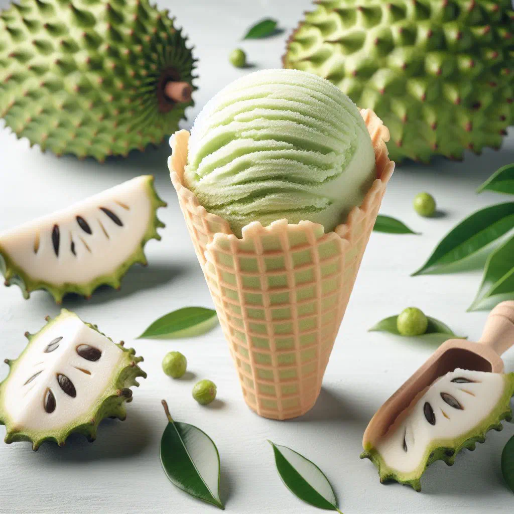 Scoops of creamy soursop ice cream in a bowl with fresh tropical fruit