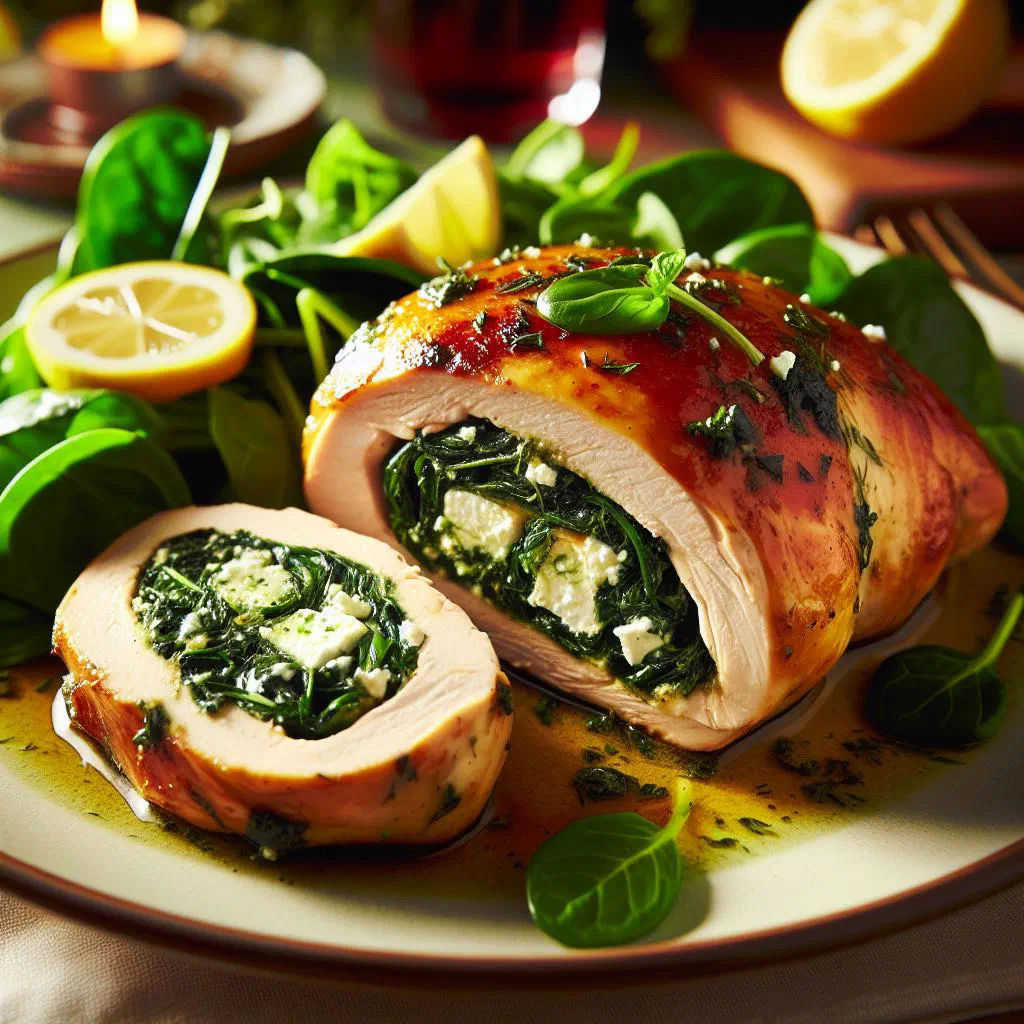 Sliced chicken breast stuffed with spinach and crumbled feta on a plate