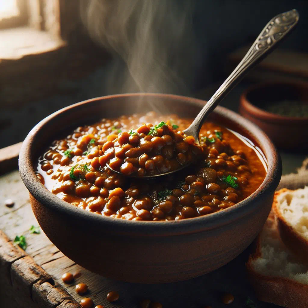 A bowl of Grenadian stewed lentils with diced carrot and fresh parsley