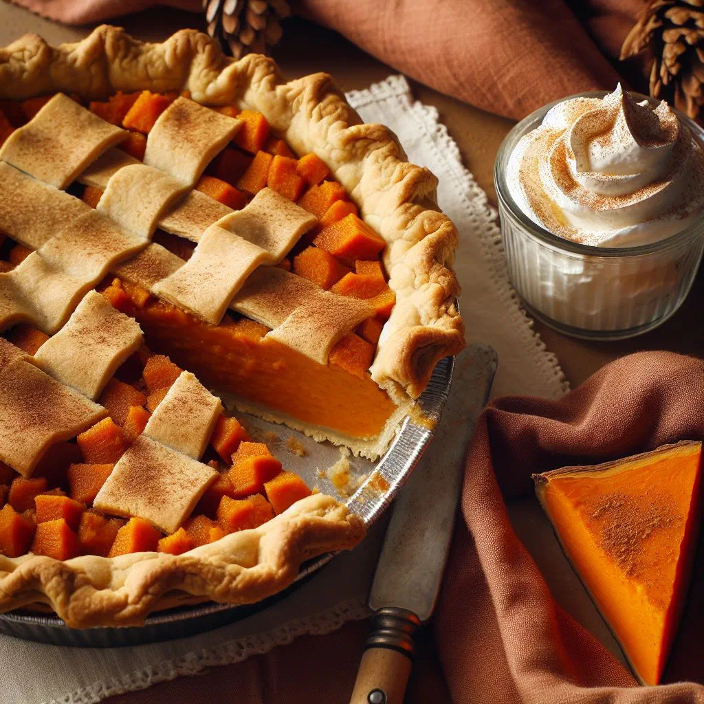 Slice of sweet potato pie with a golden crust and whipped cream