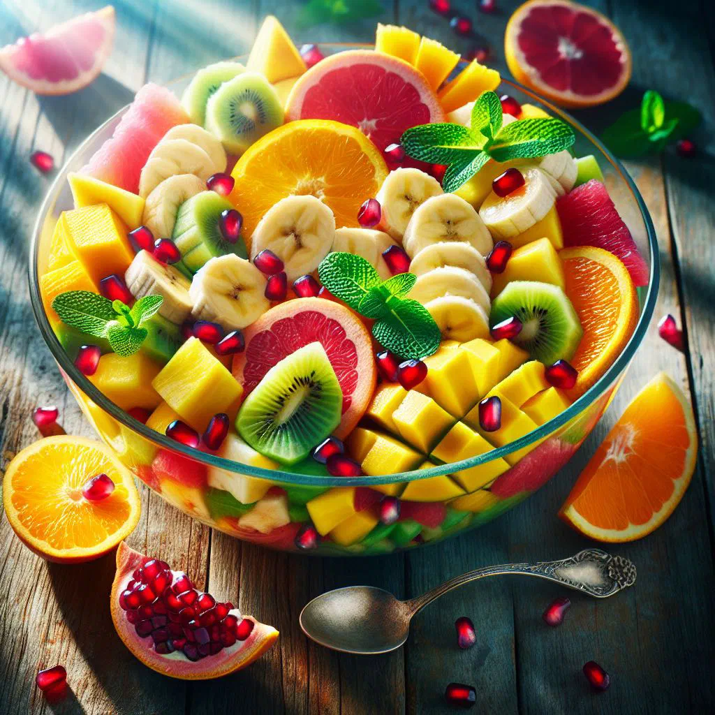 Colourful tropical fruit salad with mango, banana and kiwi in a bowl