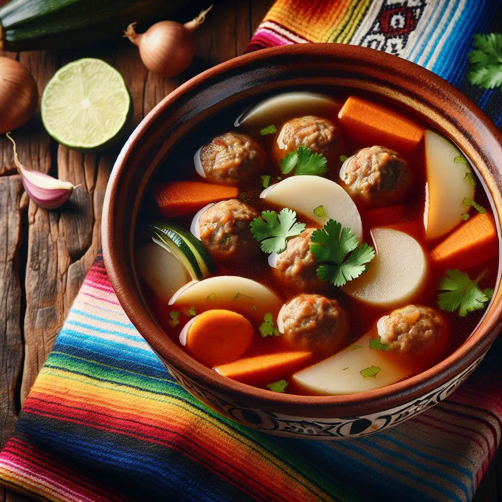 Guatemalan meatballs simmering in a tomato broth garnished with fresh herbs