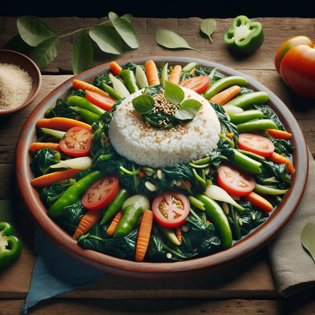 A bowl of Guatemalan arroz con chipilín with flecks of green herb through the white rice
