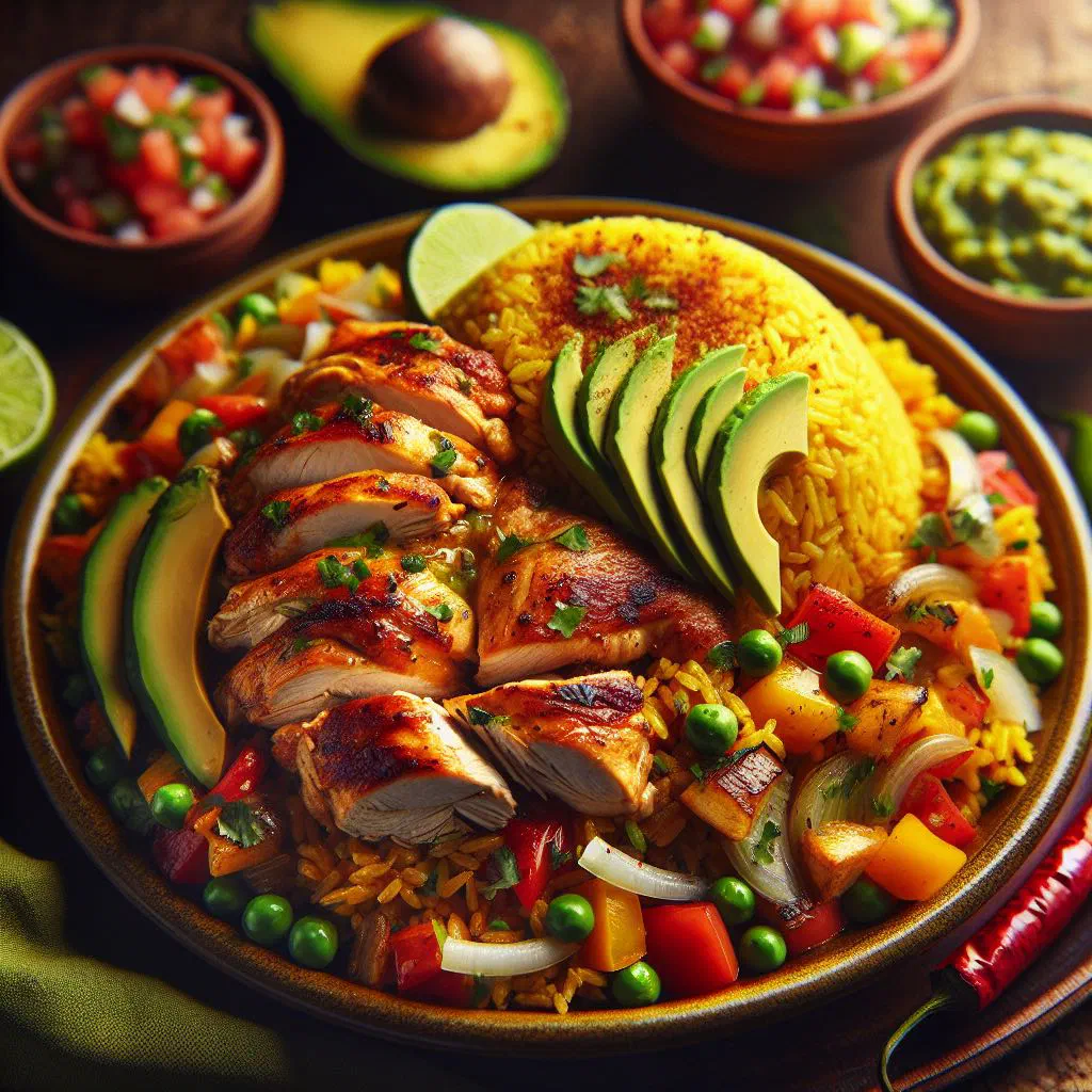 Guatemalan arroz con pollo chapín with golden chicken, rice and vegetables