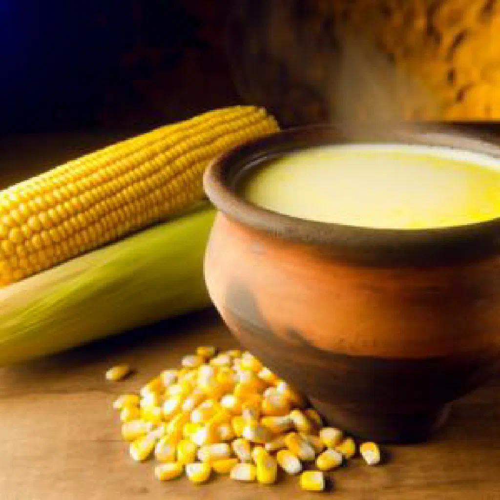 A warm mug of creamy Guatemalan sweetcorn atol dusted with cinnamon
