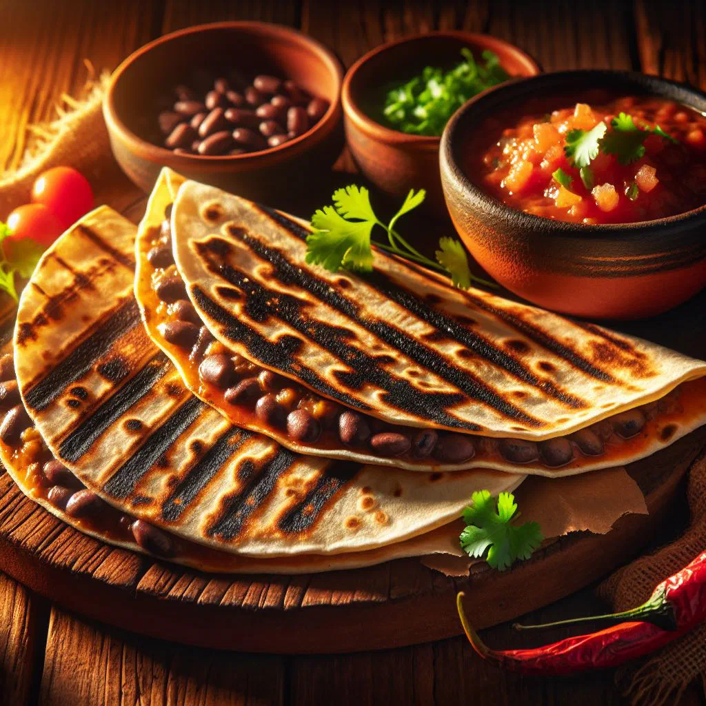 Golden bean quesadillas folded into half-moons with melted cheese