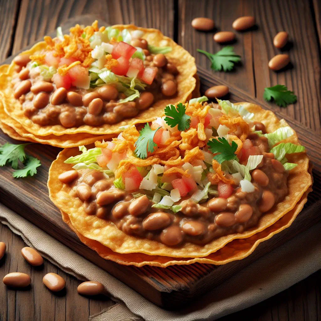 Crispy corn tostadas topped with black beans, avocado and fresh coriander