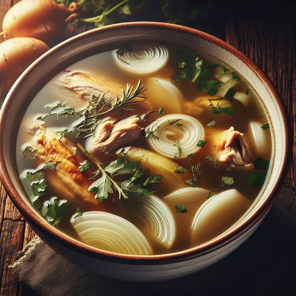 A steaming bowl of Guatemalan caldo de gallina criolla with chicken, carrots and coriander