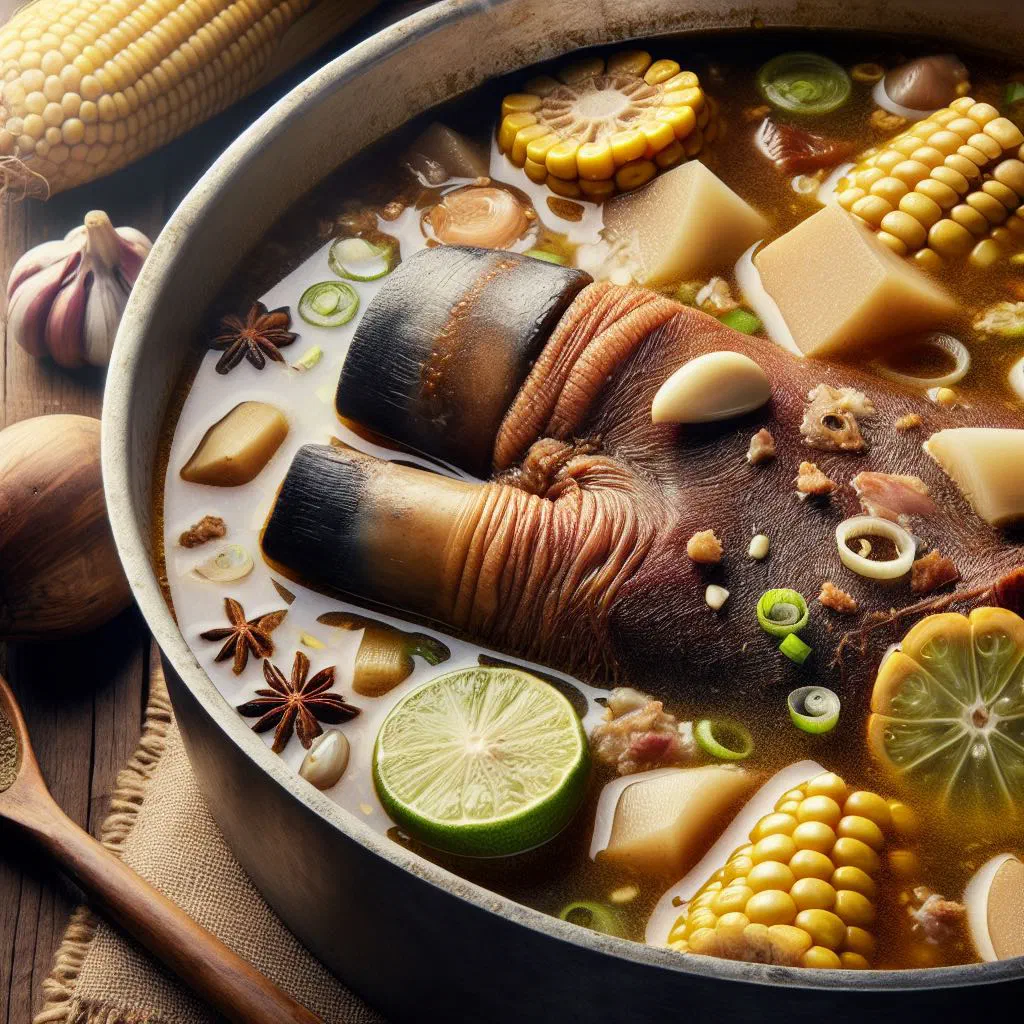 Bowl of Guatemalan caldo de pata beef soup with potatoes, carrots and fresh coriander