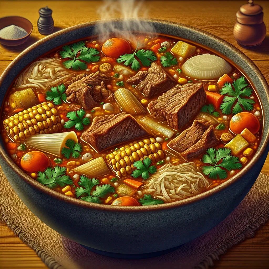 A steaming bowl of Caldo de Res with beef, corn and vegetables