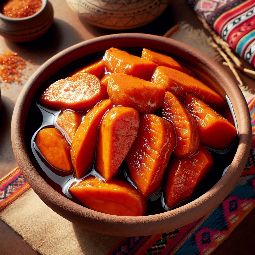 Sweet potato pieces glazed in dark chancaca syrup, dusted with cinnamon