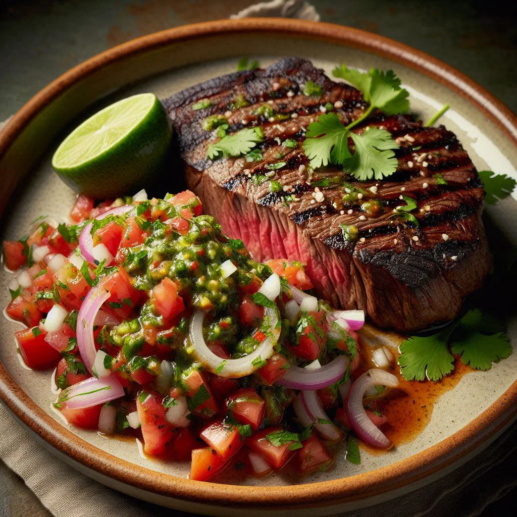 Grilled beef slices topped with roasted tomato chirmol salsa