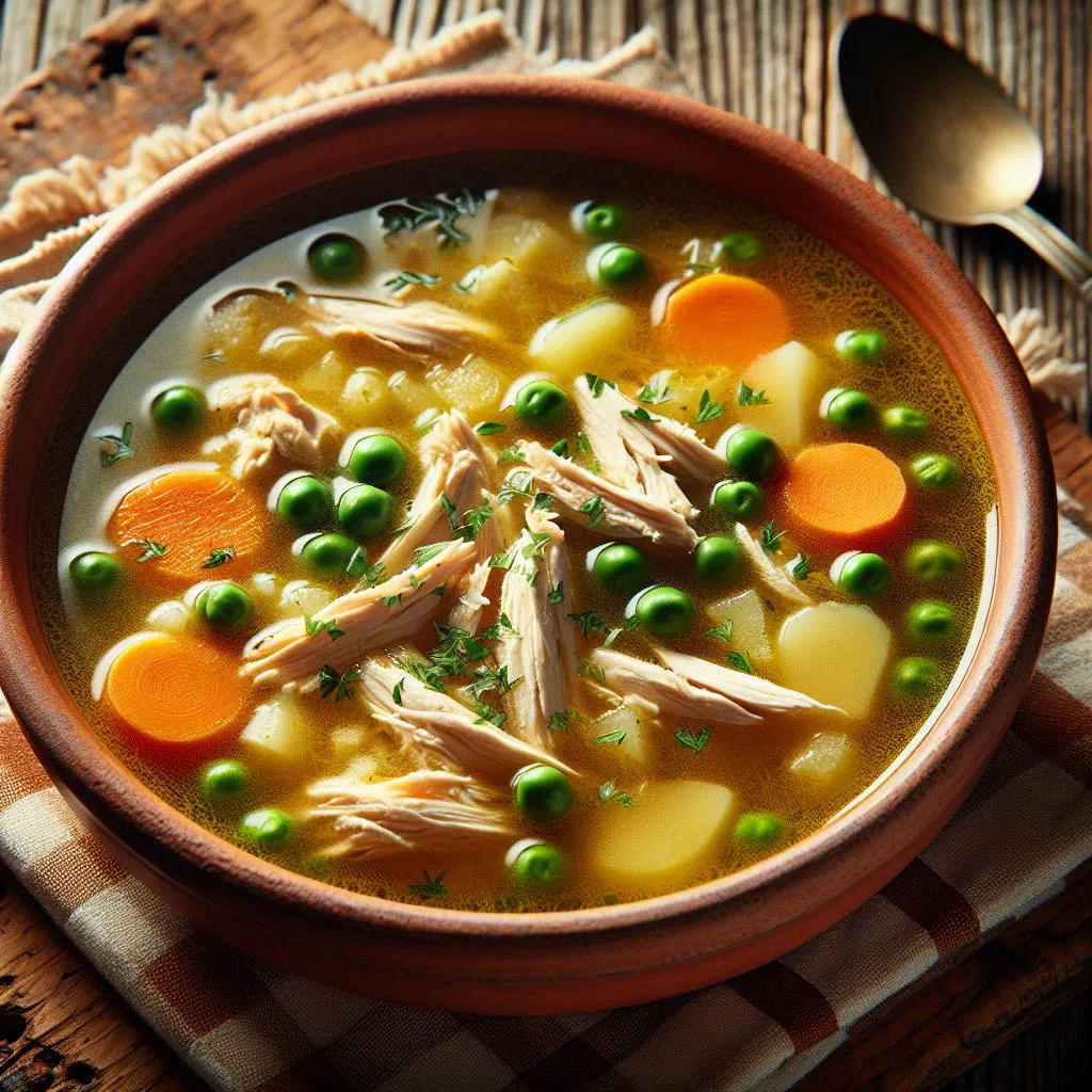 Bowl of Guatemalan chicken and vegetable soup garnished with fresh coriander