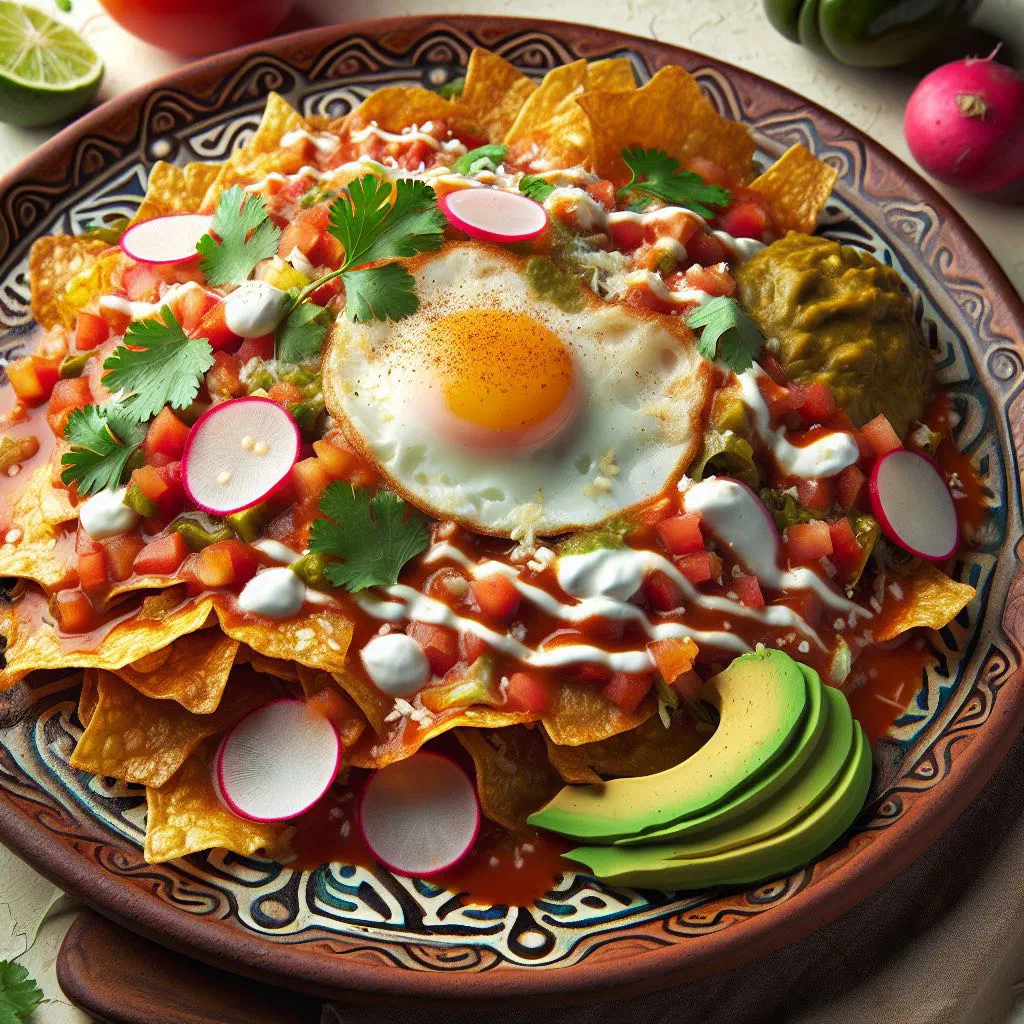 Crispy tortillas in salsa topped with fresh cheese, avocado and coriander