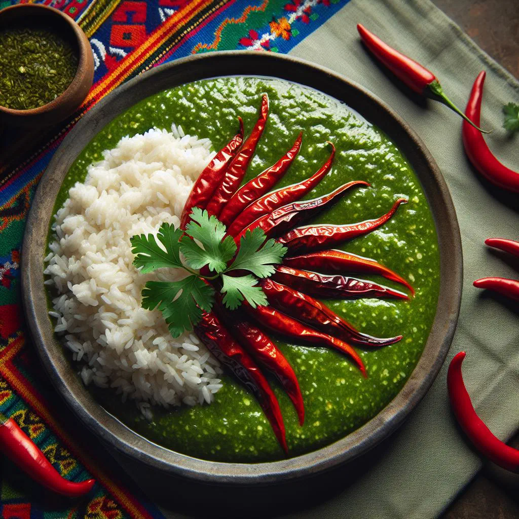 Stuffed green chillies in a fresh green tomatillo and coriander sauce