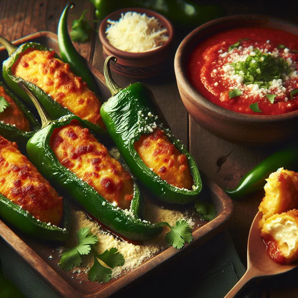 Cheese-stuffed peppers wrapped in a golden egg coating on a plate