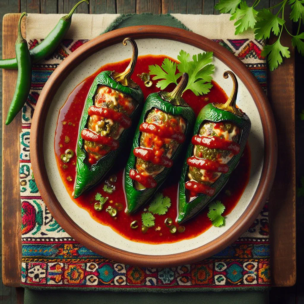 Golden fried stuffed peppers on a plate, Guatemalan chiles rellenos