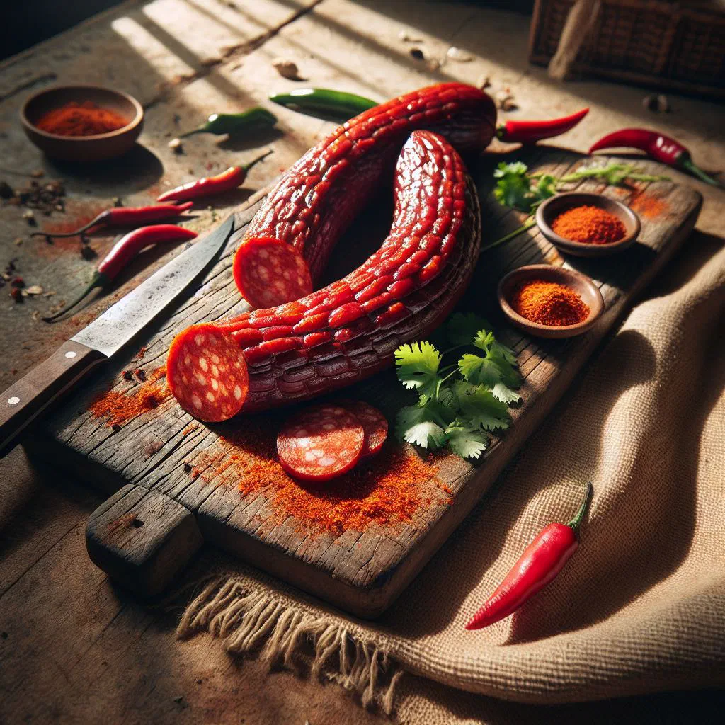 Grilled Guatemalan chorizo sausages served on a wooden board