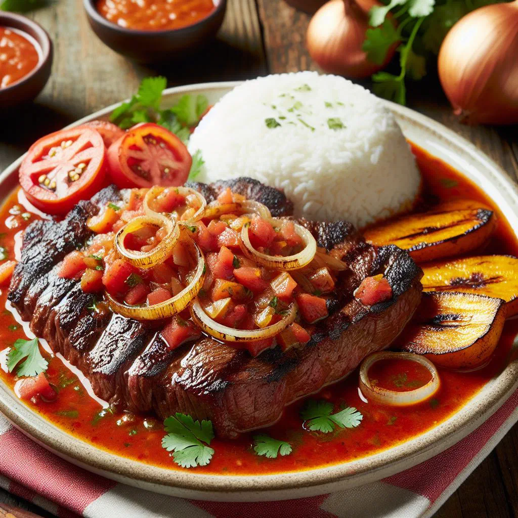 Guatemalan bistec a la criolla with beef in a tomato and onion sauce