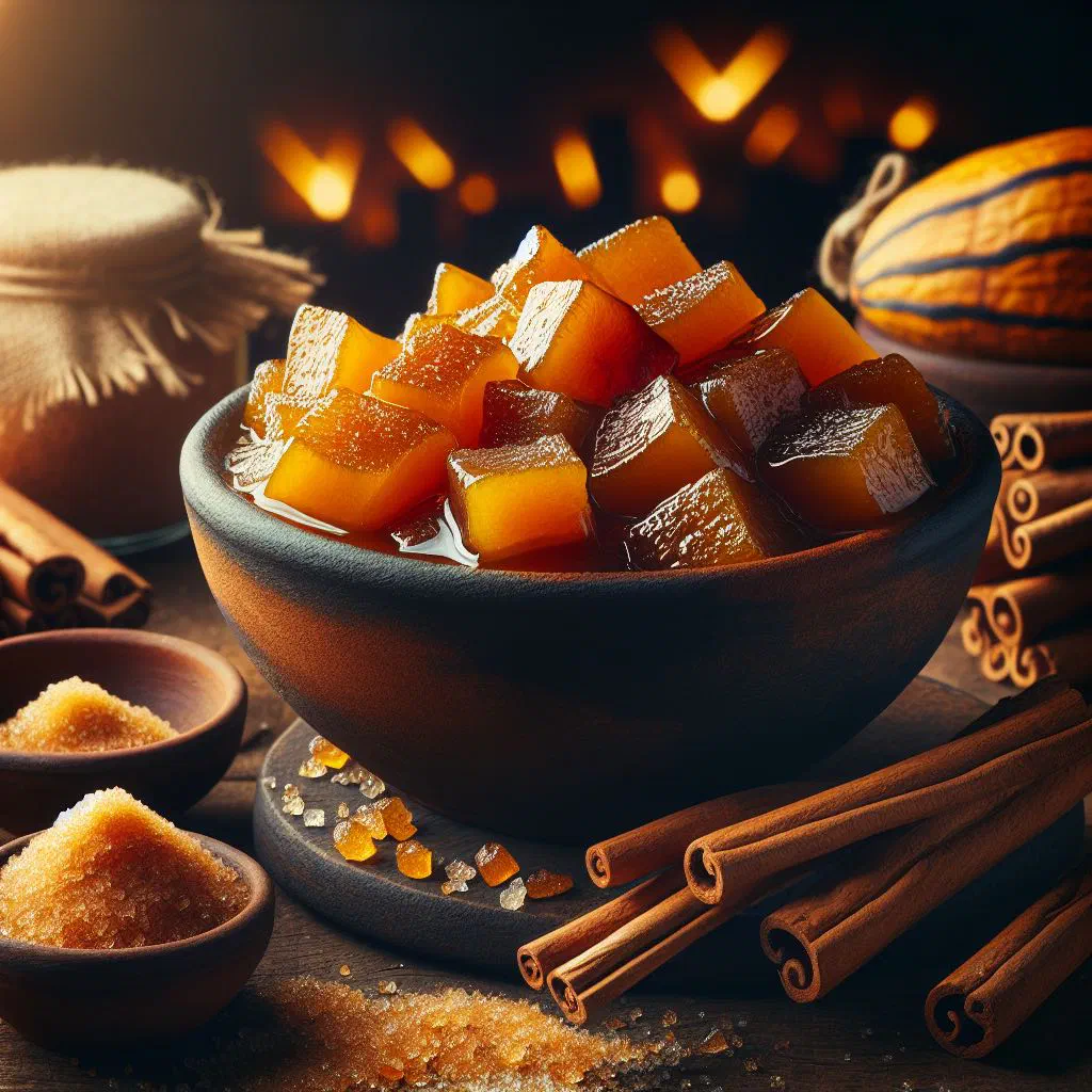 Candied pumpkin dessert in cinnamon syrup served in a small bowl