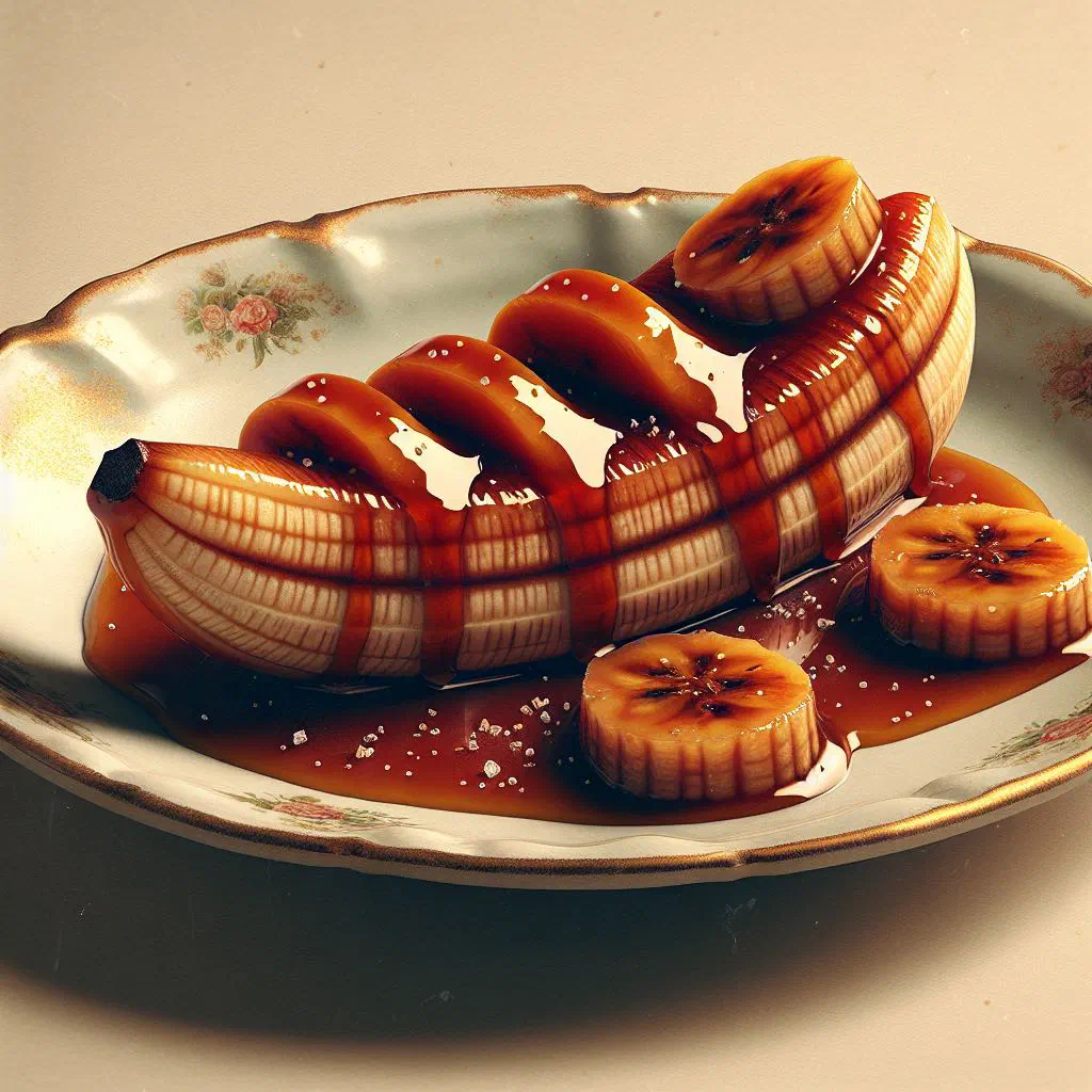 Sweet caramelised bananas in cinnamon syrup served in a small bowl