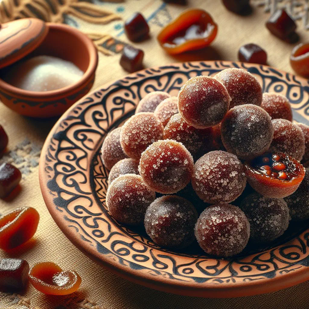 Dark tamarind sweets cut into pieces on a plate