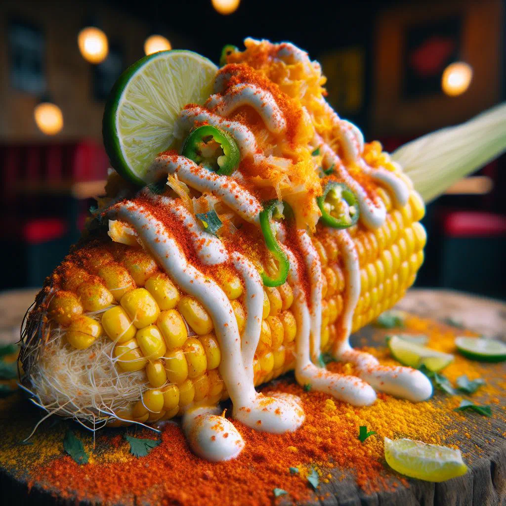 Grilled corn on the cob topped with mayonnaise, crumbled cheese and hot sauce