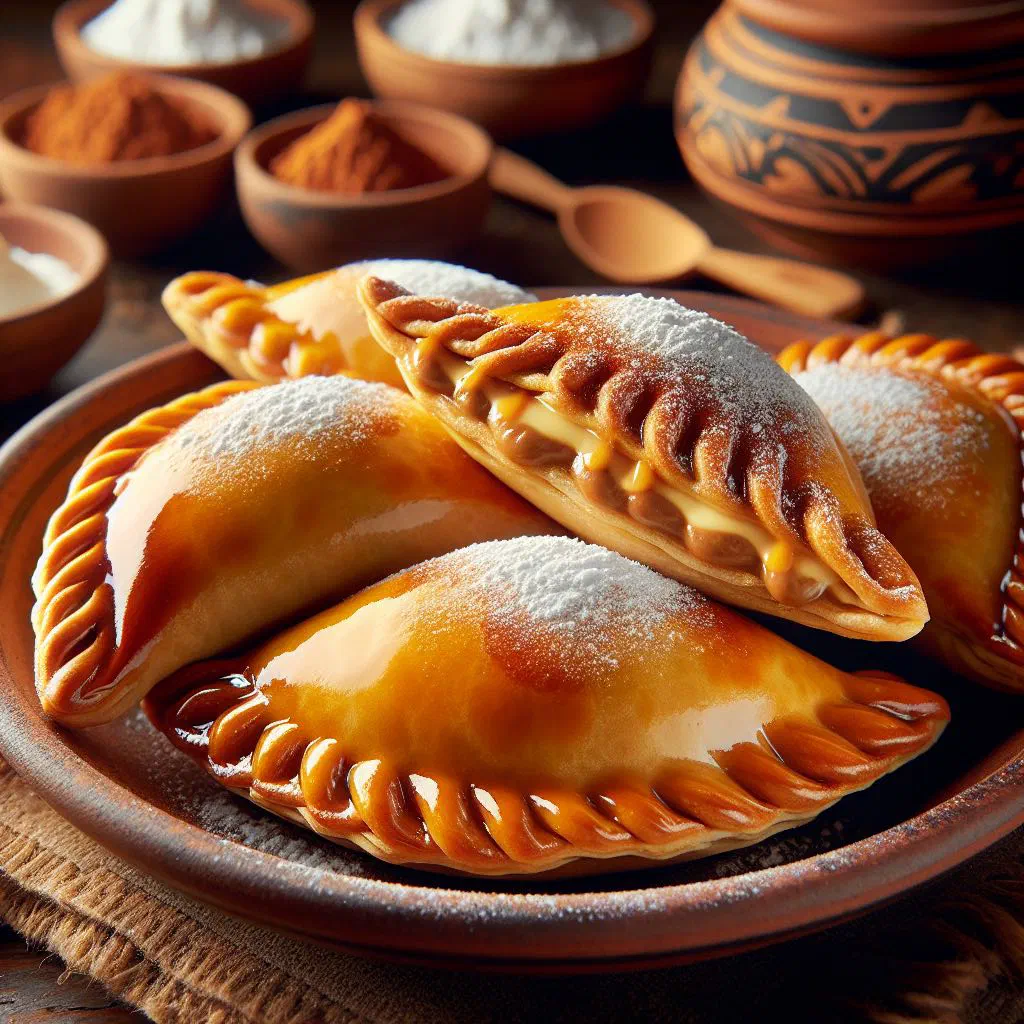 Golden sweet empanadas filled with caramel manjar, dusted with icing sugar