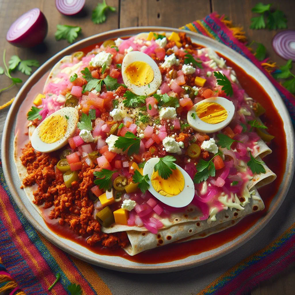 Guatemalan enchiladas topped with tomato sauce, cheese and avocado