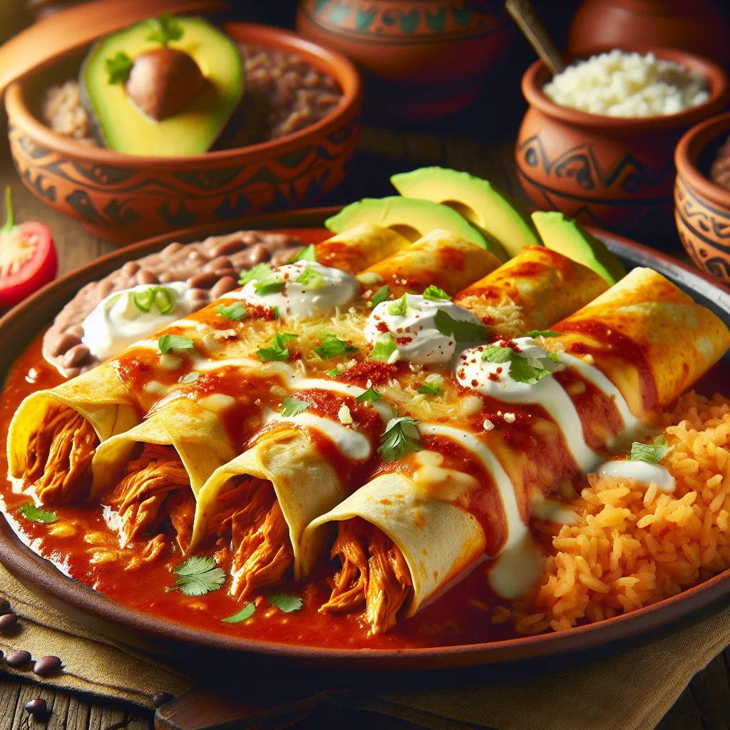 Guatemalan enchiladas topped with red chilli sauce, melted cheese and fresh coriander