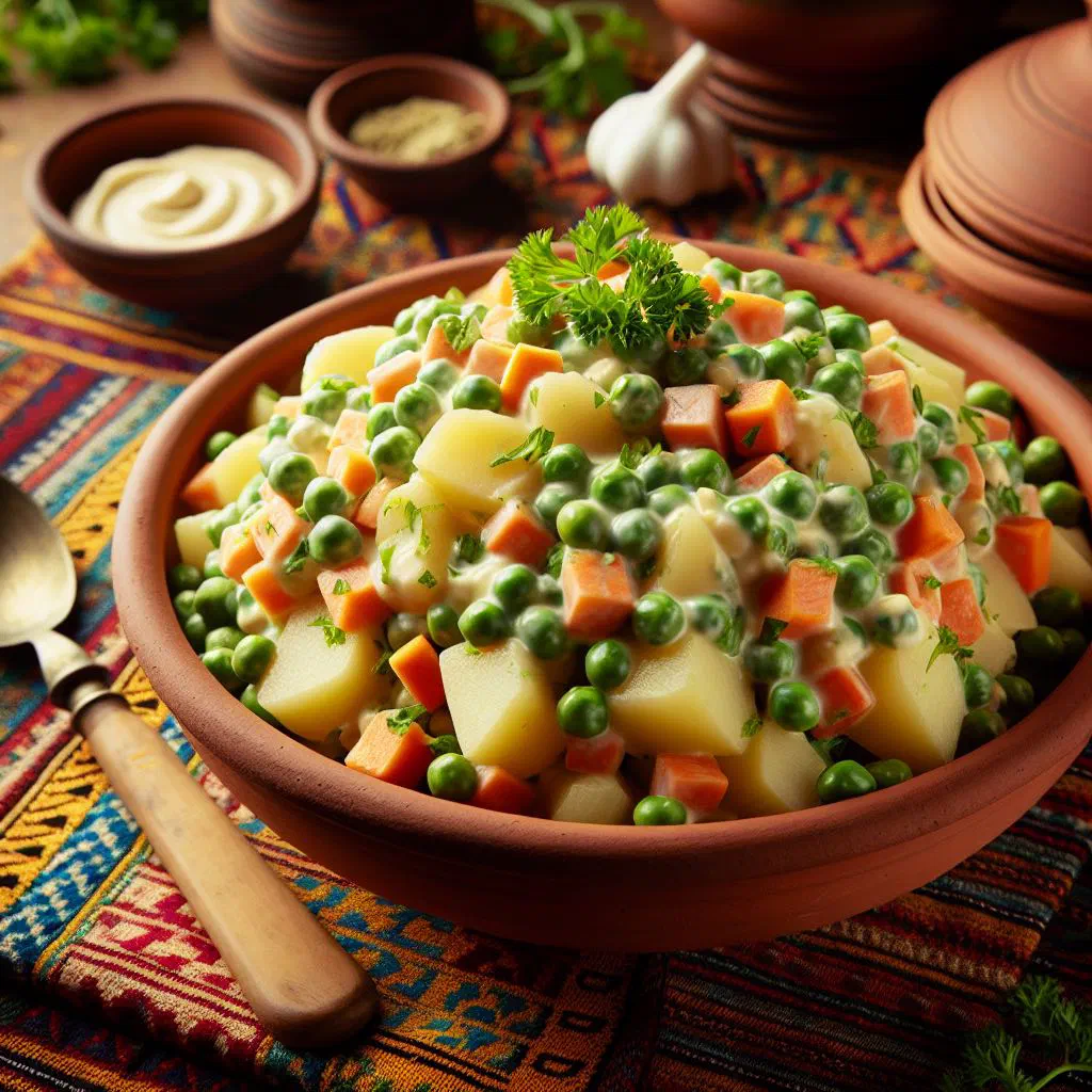 Creamy Guatemalan potato and vegetable salad garnished with fresh parsley
