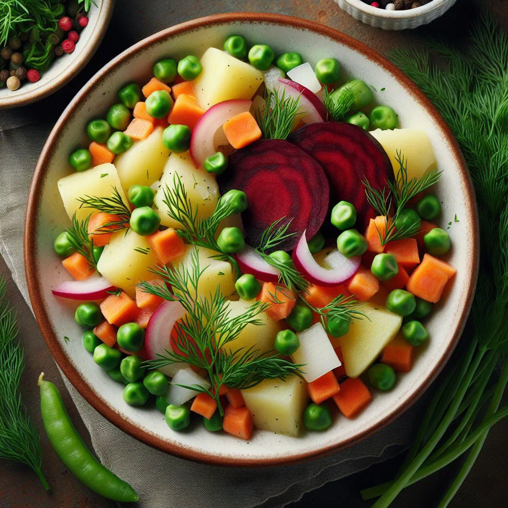 Creamy Guatemalan ensalada rusa with diced potatoes, carrots and peas
