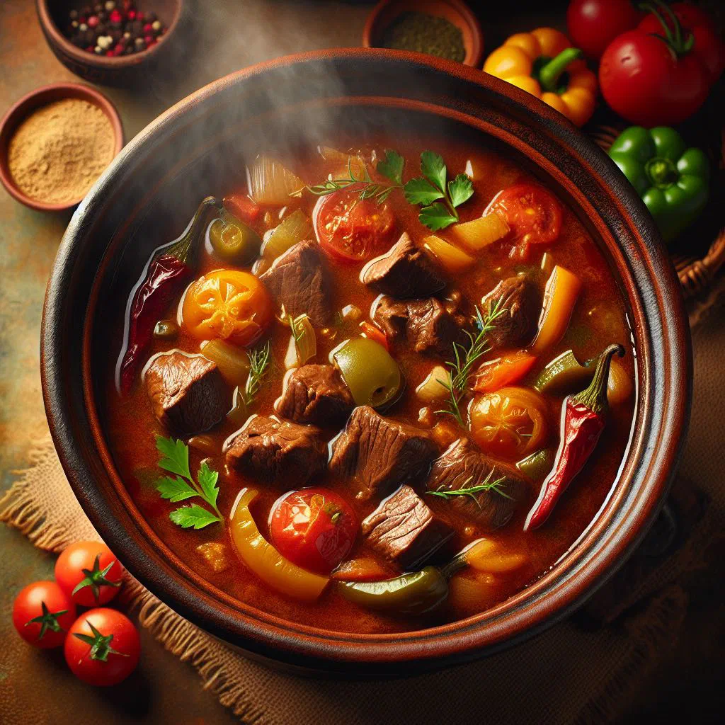 Guatemalan beef stew with carrots and peppers in a rich sauce