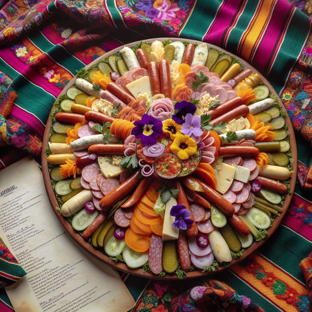 Colourful Guatemalan fiambre salad with meats, vegetables and olives on a platter