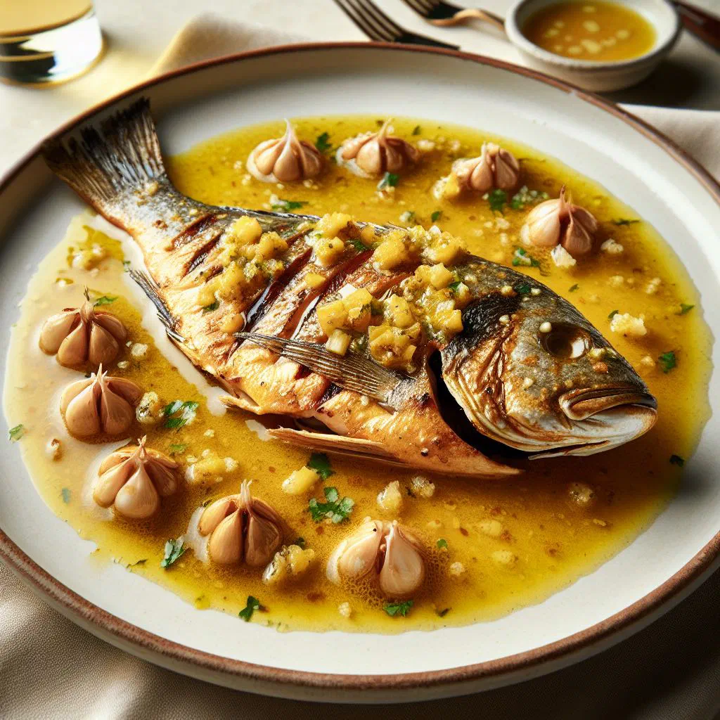 Pan-fried fish fillet in golden garlic sauce garnished with fresh herbs and lime