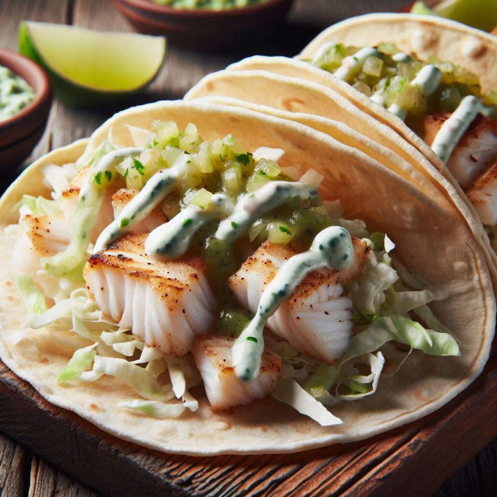 Guatemalan fish tacos topped with avocado, tomato and fresh coriander