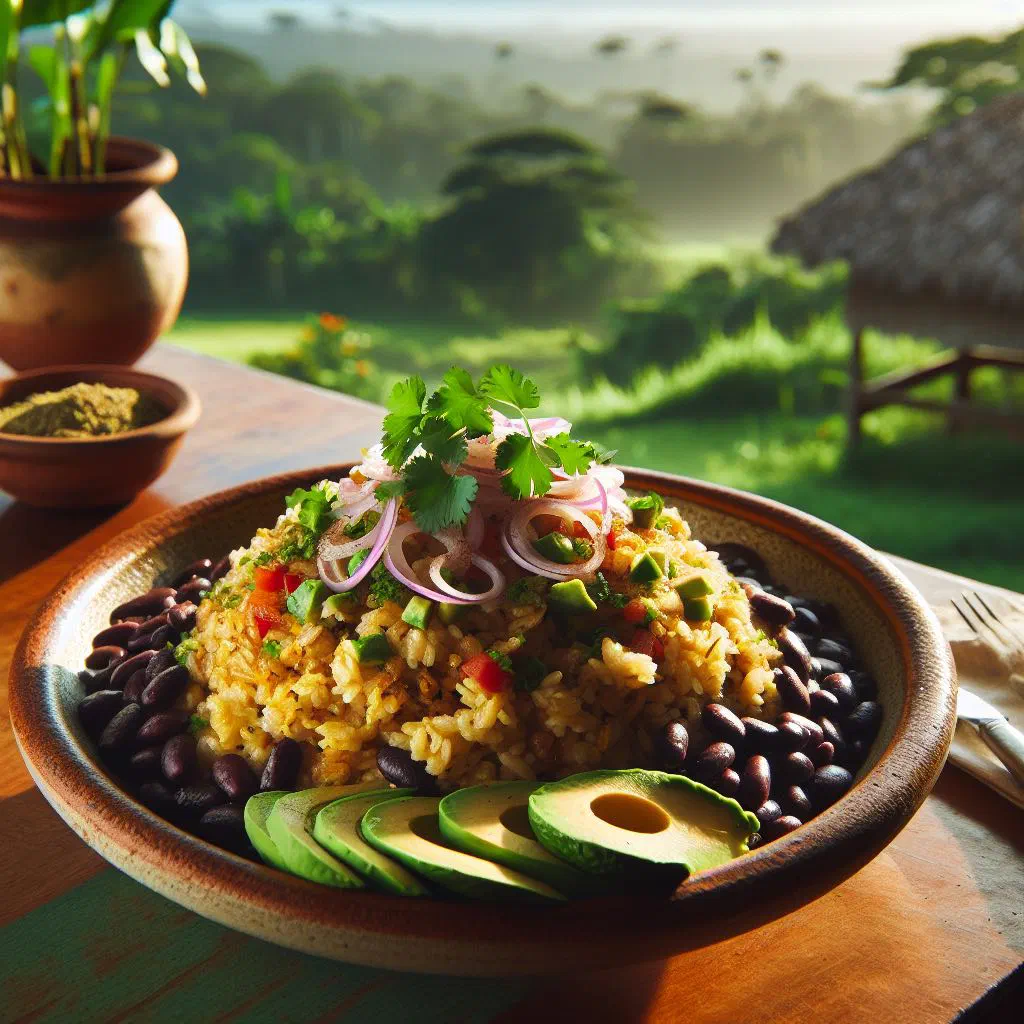 Gallo pinto of rice and black beans garnished with fresh coriander
