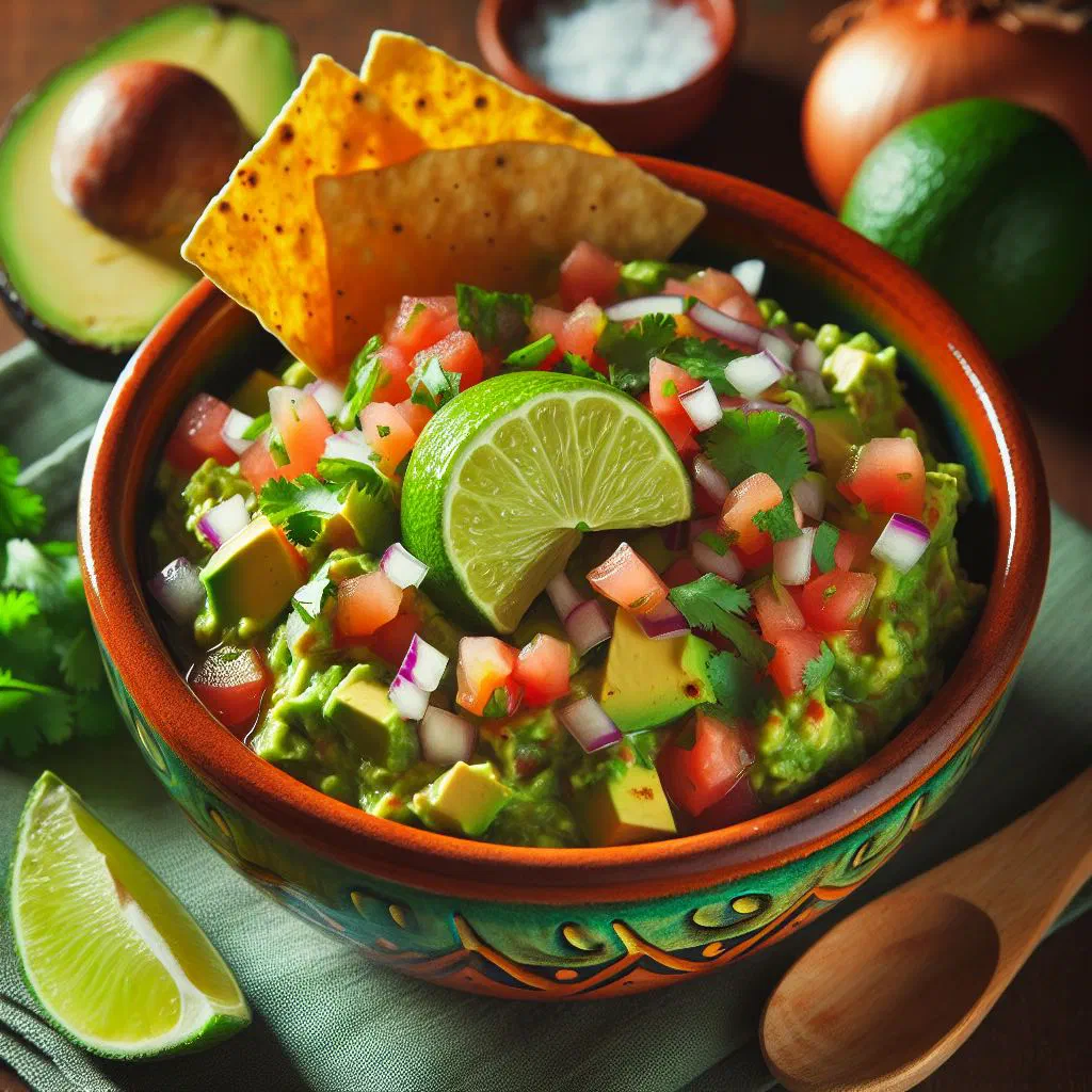Bowl of Guatemalan guacamol chapín with coriander and lime, served with tortillas